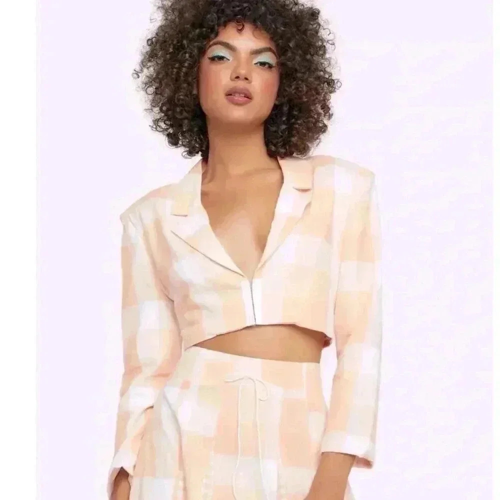 NWT For Love & Lemons Eugenie Cropped Blazer in Pastel Peach Plaid Size Large